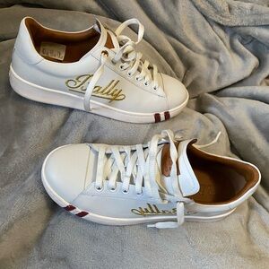 Bally White Leather Sneakers with Gold Script and Red Accent